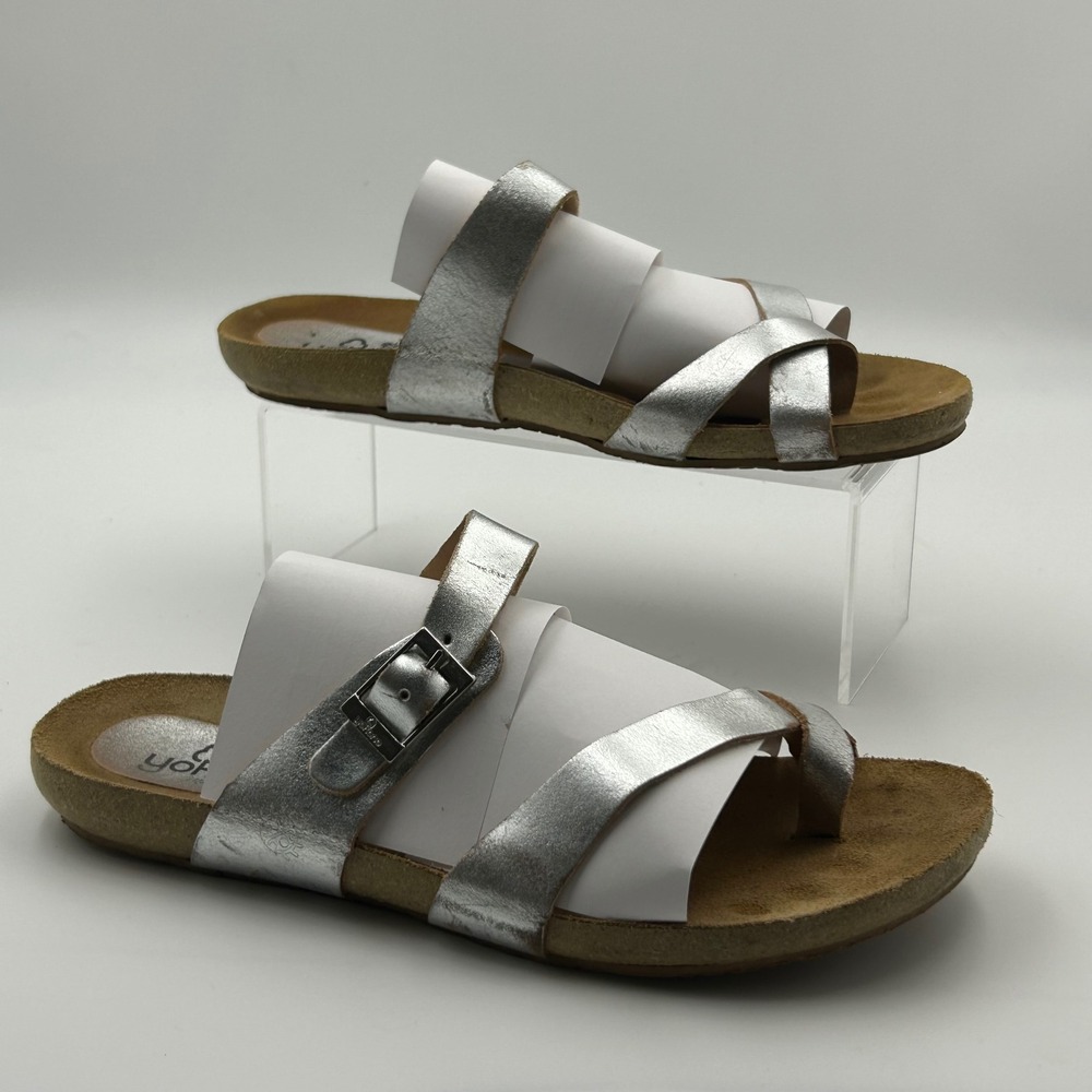 Yokono Sandals Womens 9 Silver Leather Metallic Buckle Toe Loop Boho Comfort